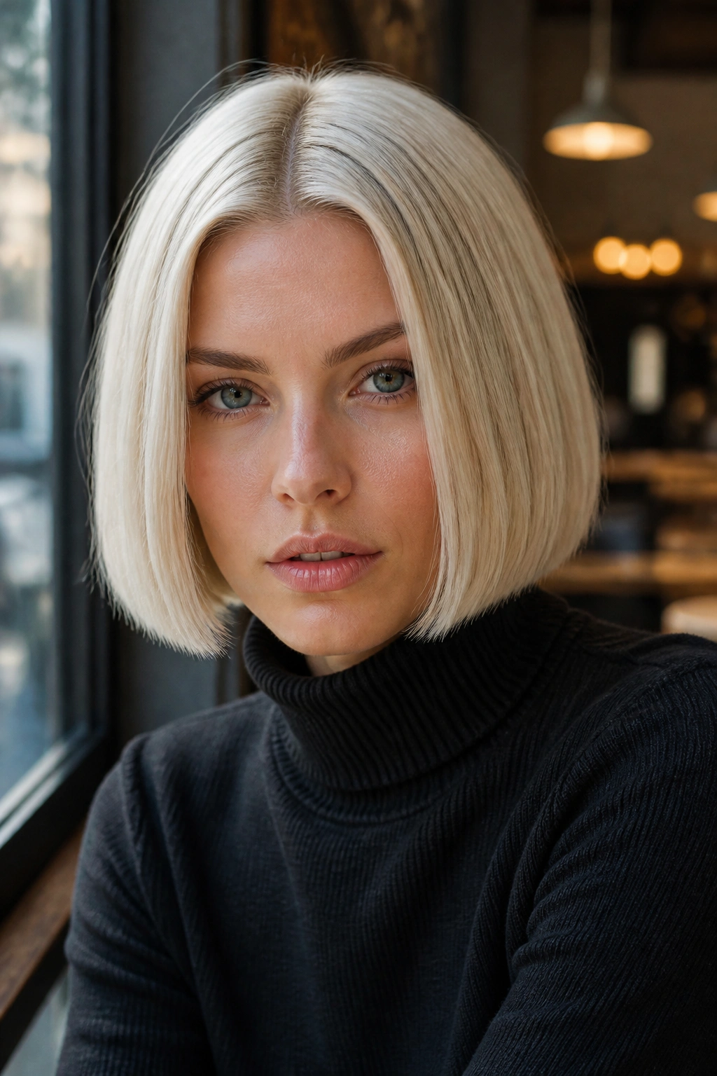 Close-up of a real person wearing a jaw-length platinum blunt bob.