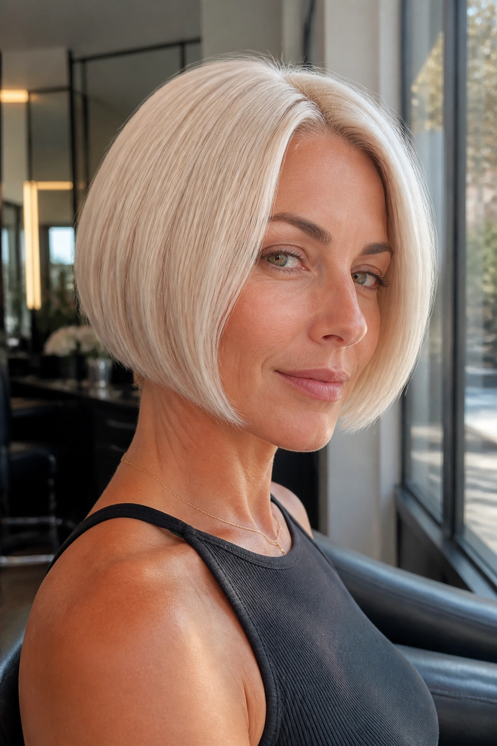 Close-up of a real woman with a platinum sleek rounded bob in soft daylight