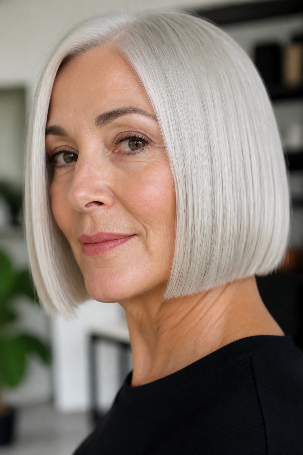 Portrait of a real woman with a blunt platinum bob at jawline.