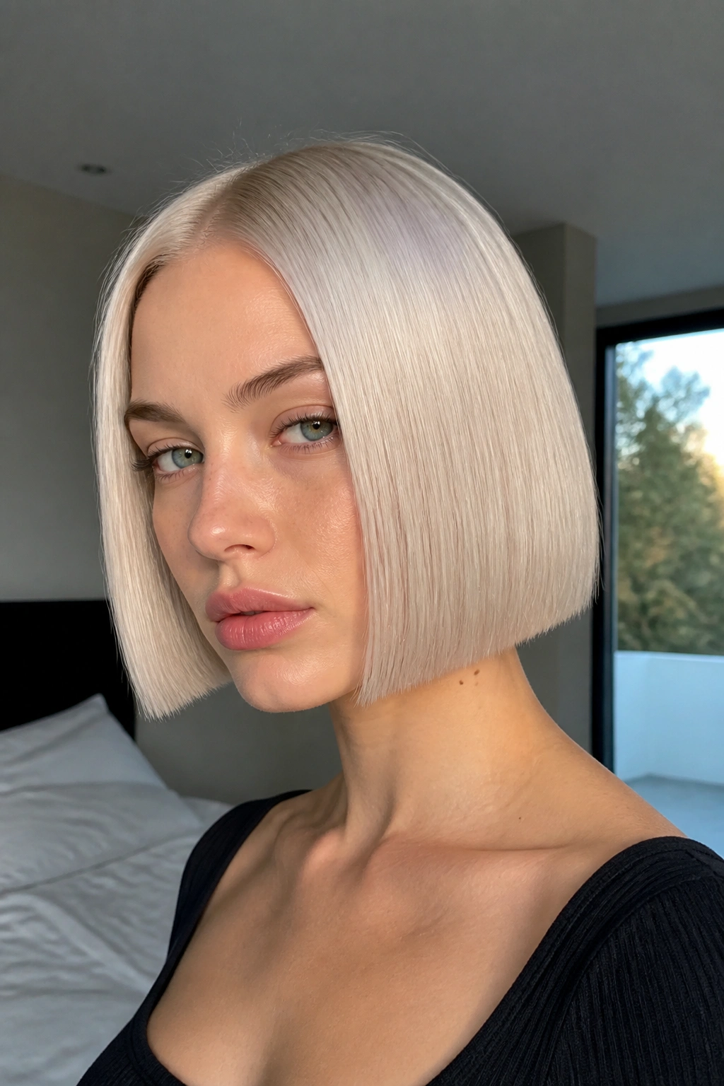 Close-up of a real woman with a sleek platinum blonde bob in natural daylight