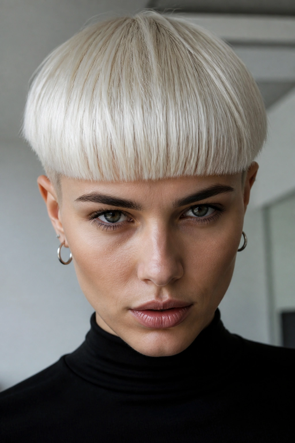 Real person with a platinum bowl cut hairstyle.