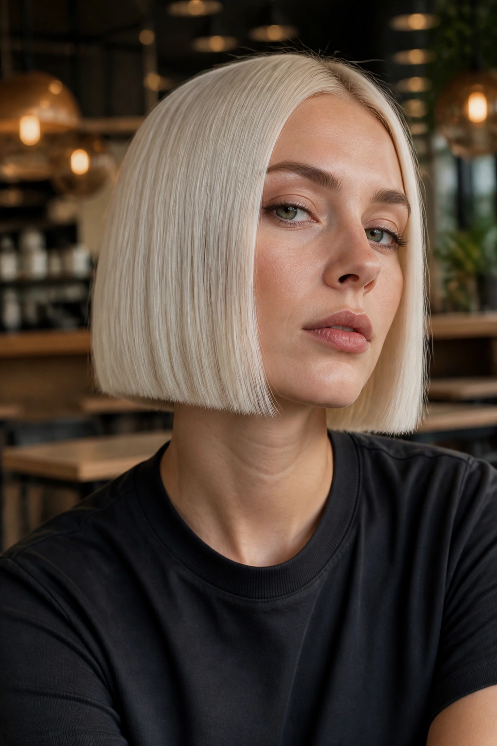 Real person with platinum box bob in warm cafe setting