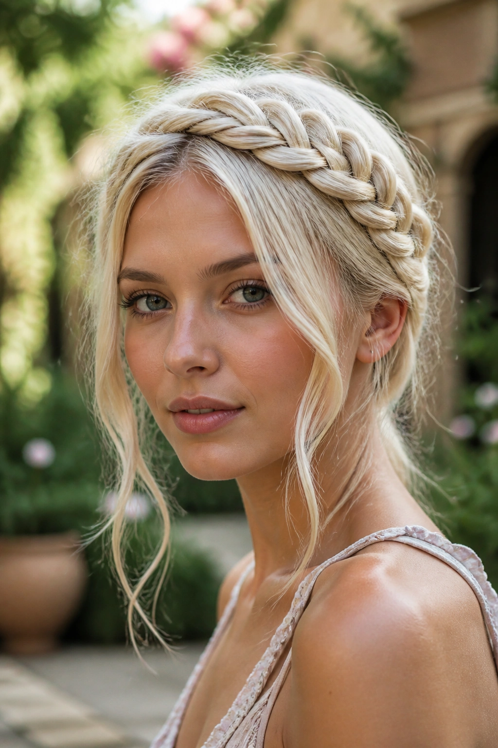 Portrait of a real person with platinum braided crown.