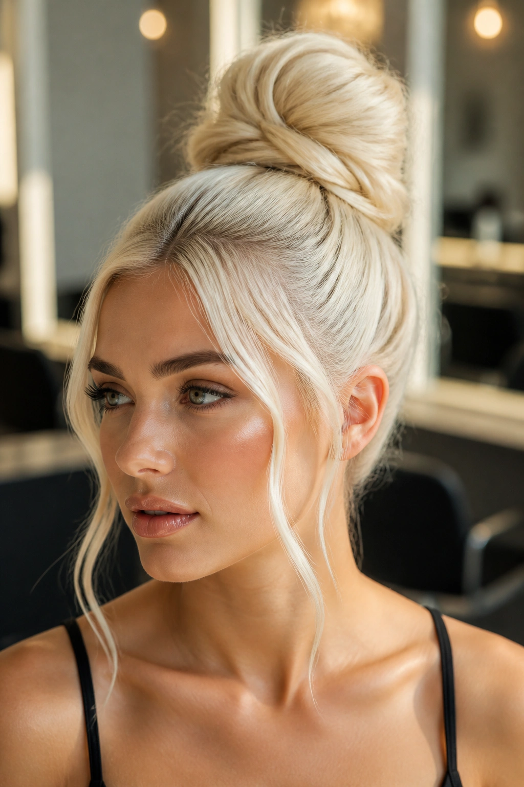 Close-up of a woman with a platinum bun and face-framing pieces, soft curls along the cheeks