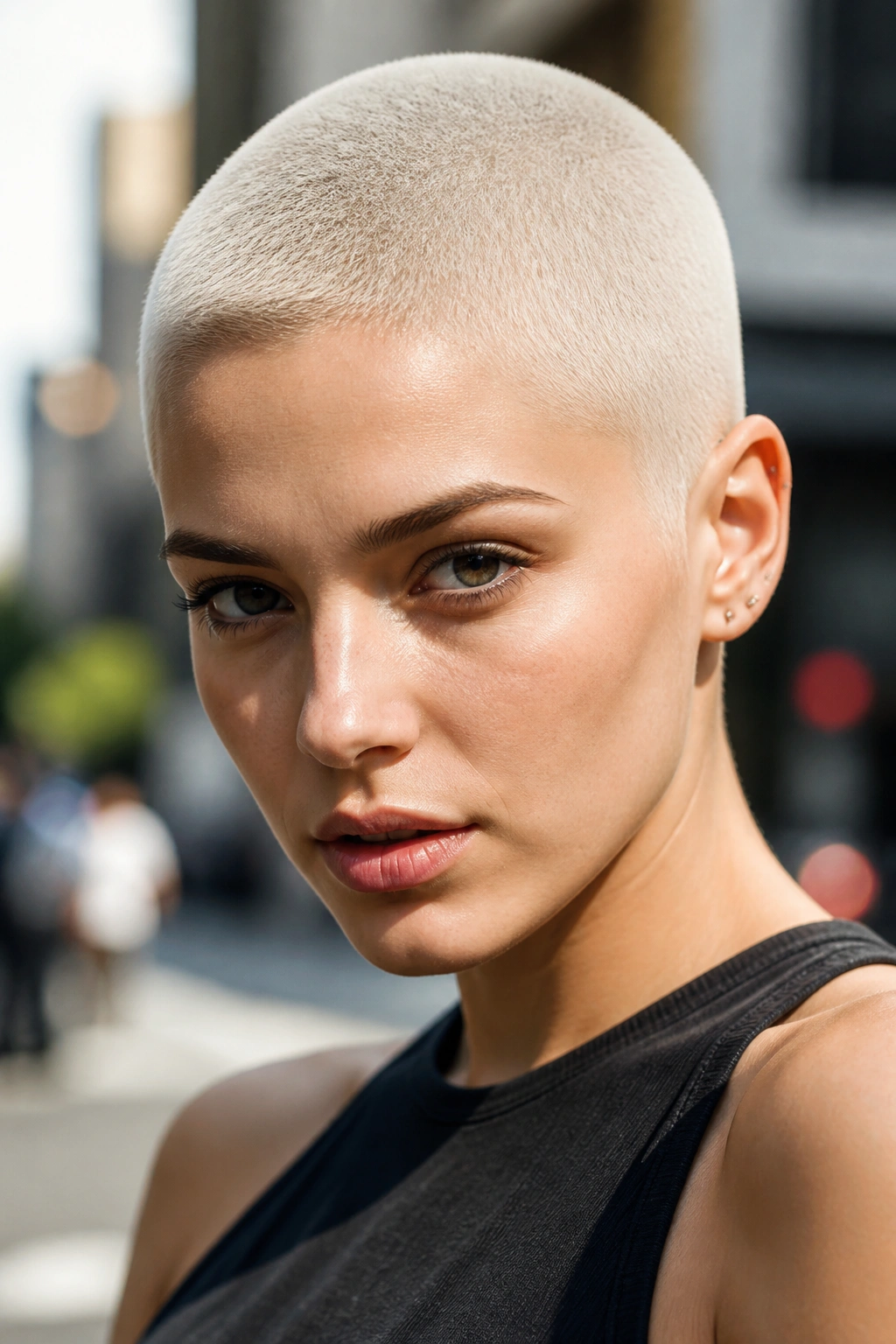 Close-up of a real person with platinum buzz cut and clean scalp.