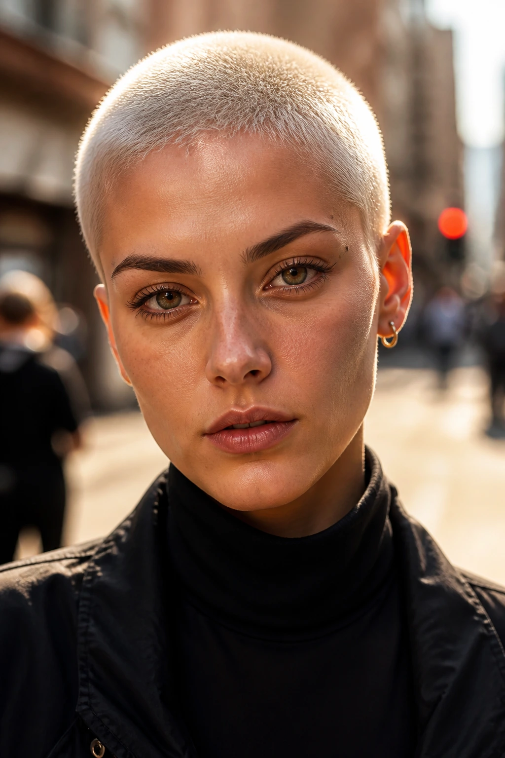 Close-up portrait of a real person with a platinum buzz cut in an urban setting