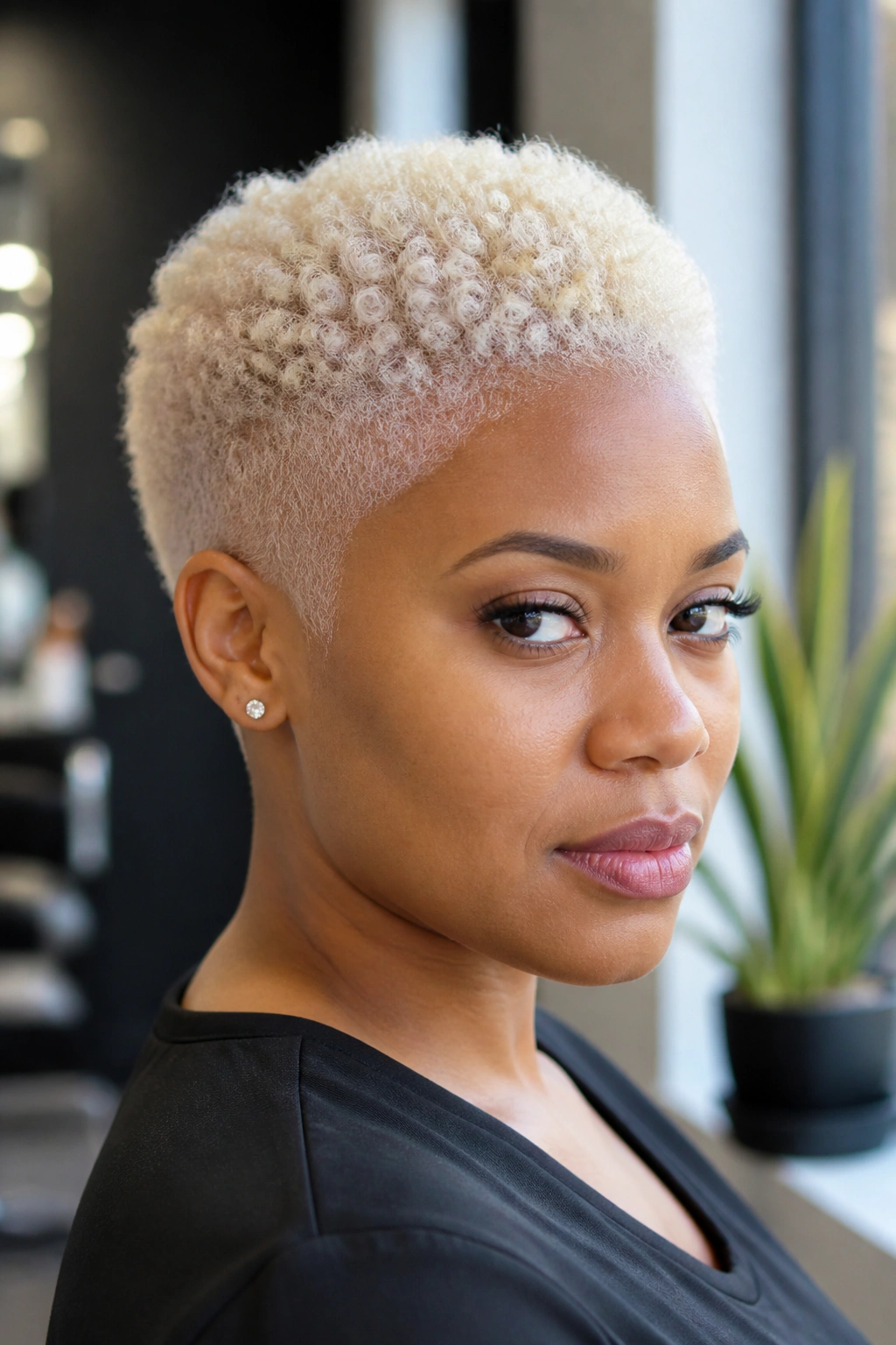 Real person with platinum tapered coily crop in salon glow