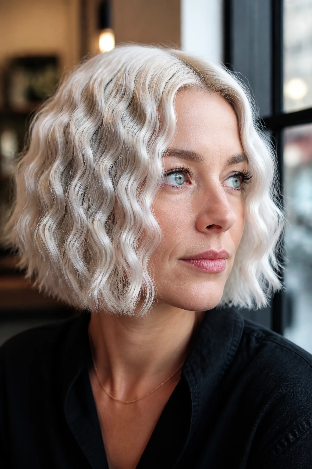 Close-up of platinum silver crinkle bob on a real person with high-contrast texture