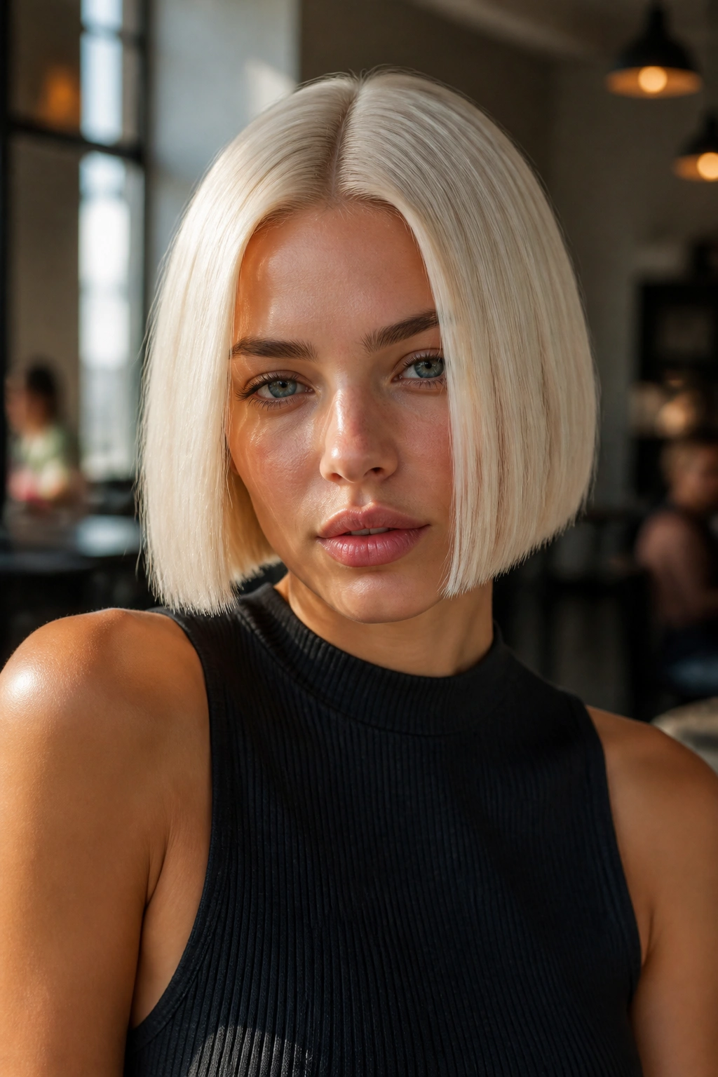 Close-up of blunt platinum crop with center part on a real person.