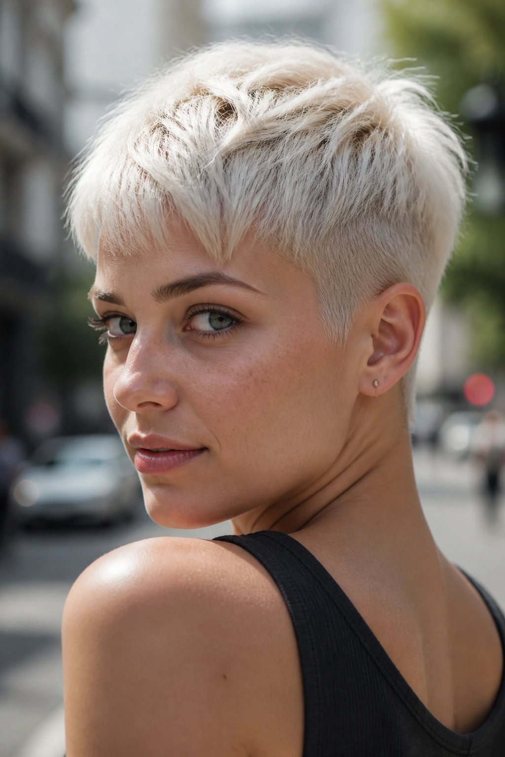 Close-up of a real person with bright platinum crop and clean nape