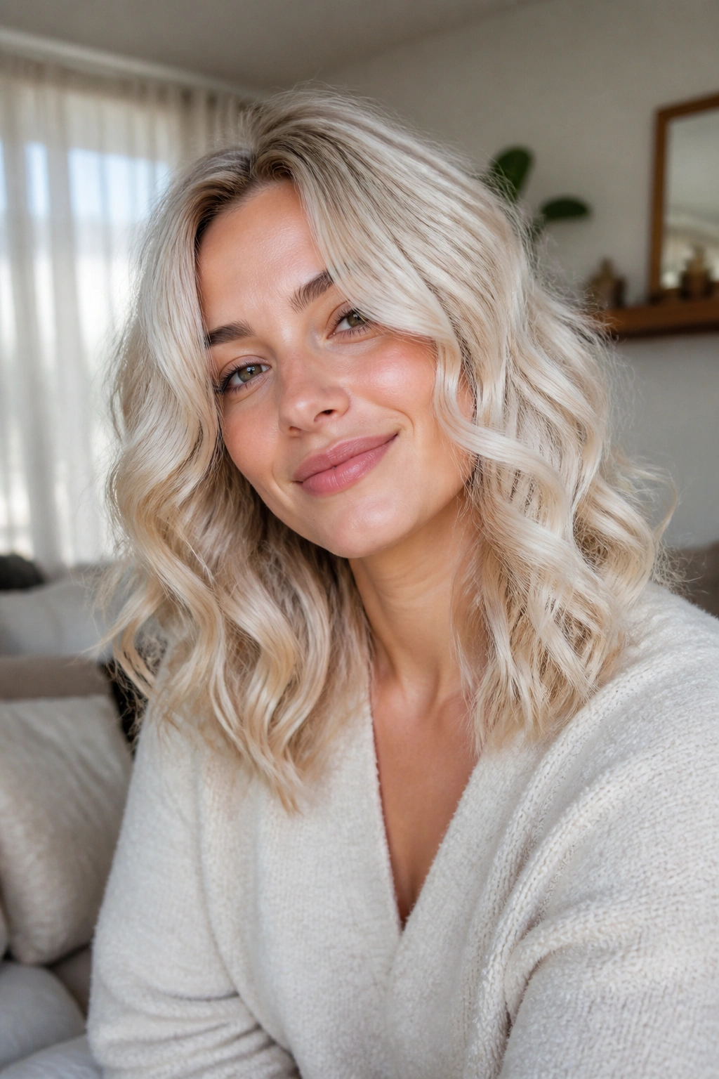 Close-up of a person with soft platinum curls and natural makeup.