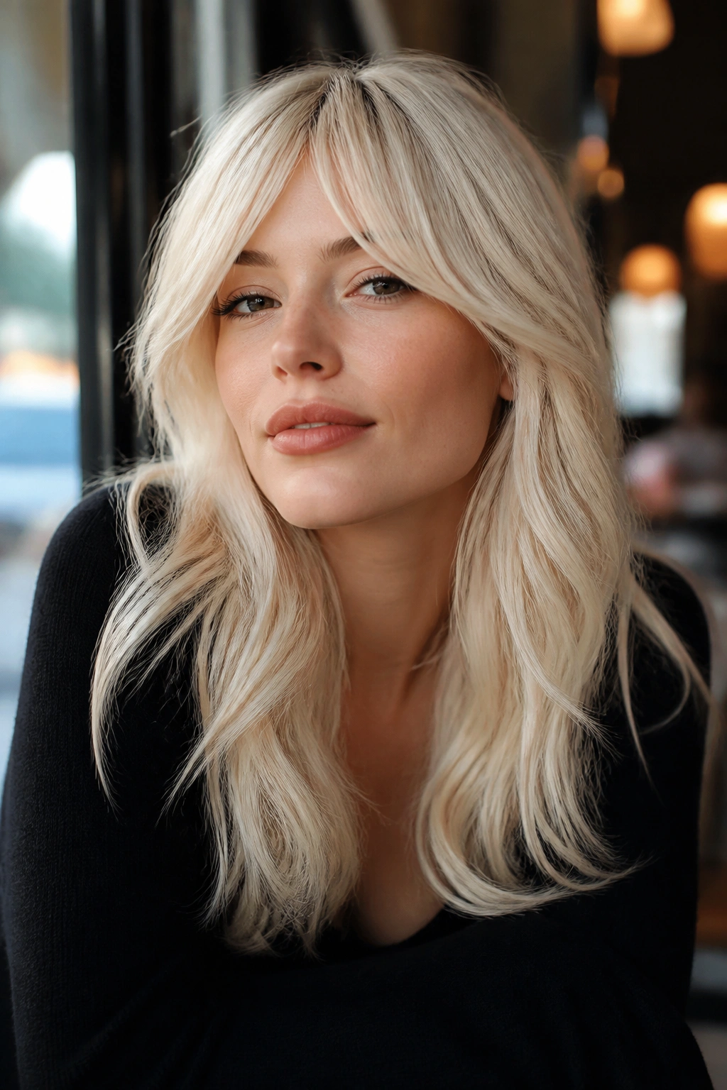 Real woman with platinum curtain bangs framing her face in cafe lighting