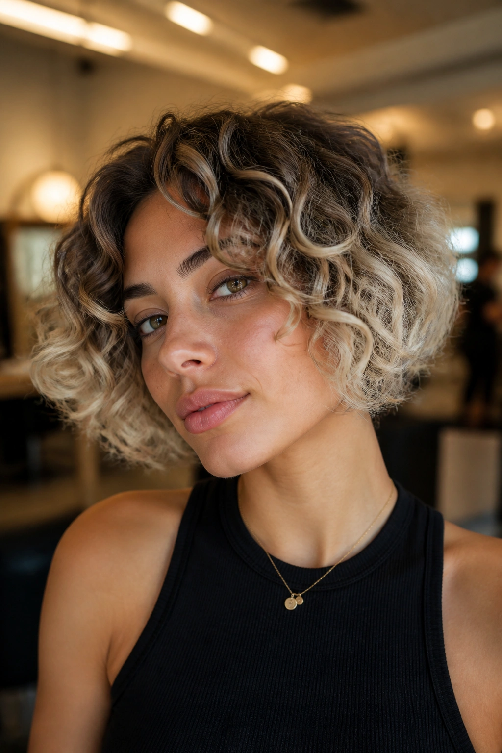 Portrait of a person with cropped curly bob and platinum ends
