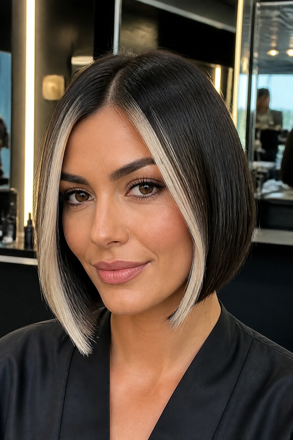 Portrait of a person with platinum face-framing strips on a sharp bob