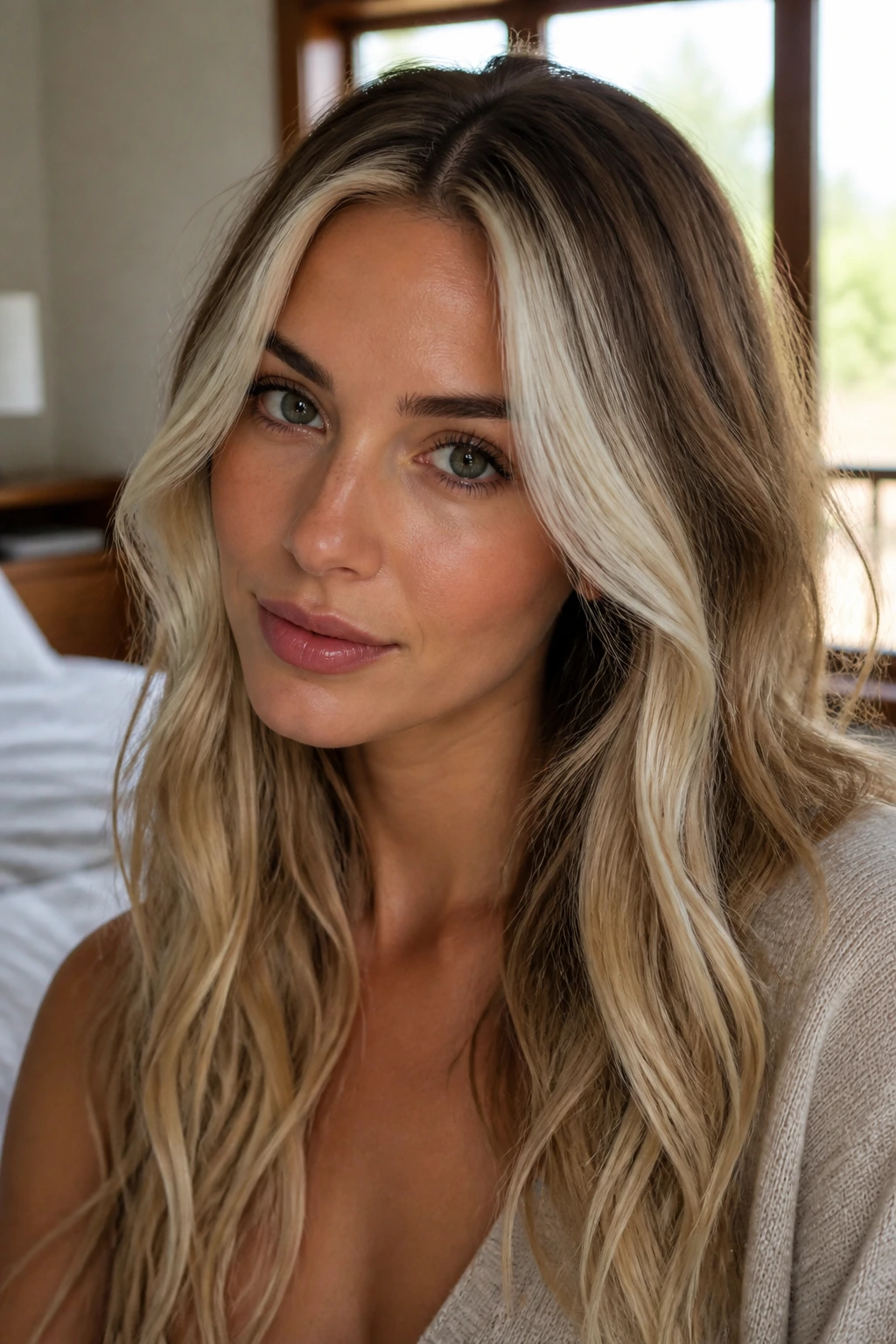 Close-up of a woman's face-framing platinum pieces against dark blonde hair