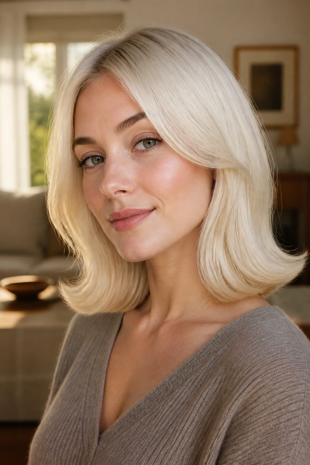 Close-up of a real woman with platinum flip-out ends hairstyle