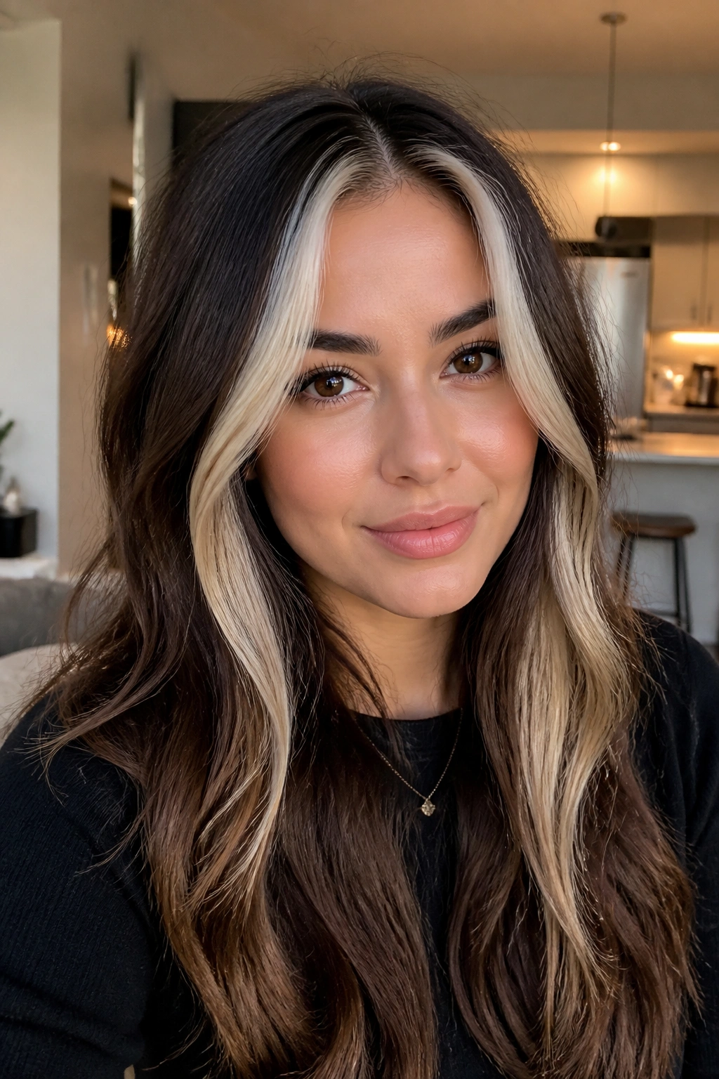 Close-up of a real person with platinum front streaks near the part on brown hair