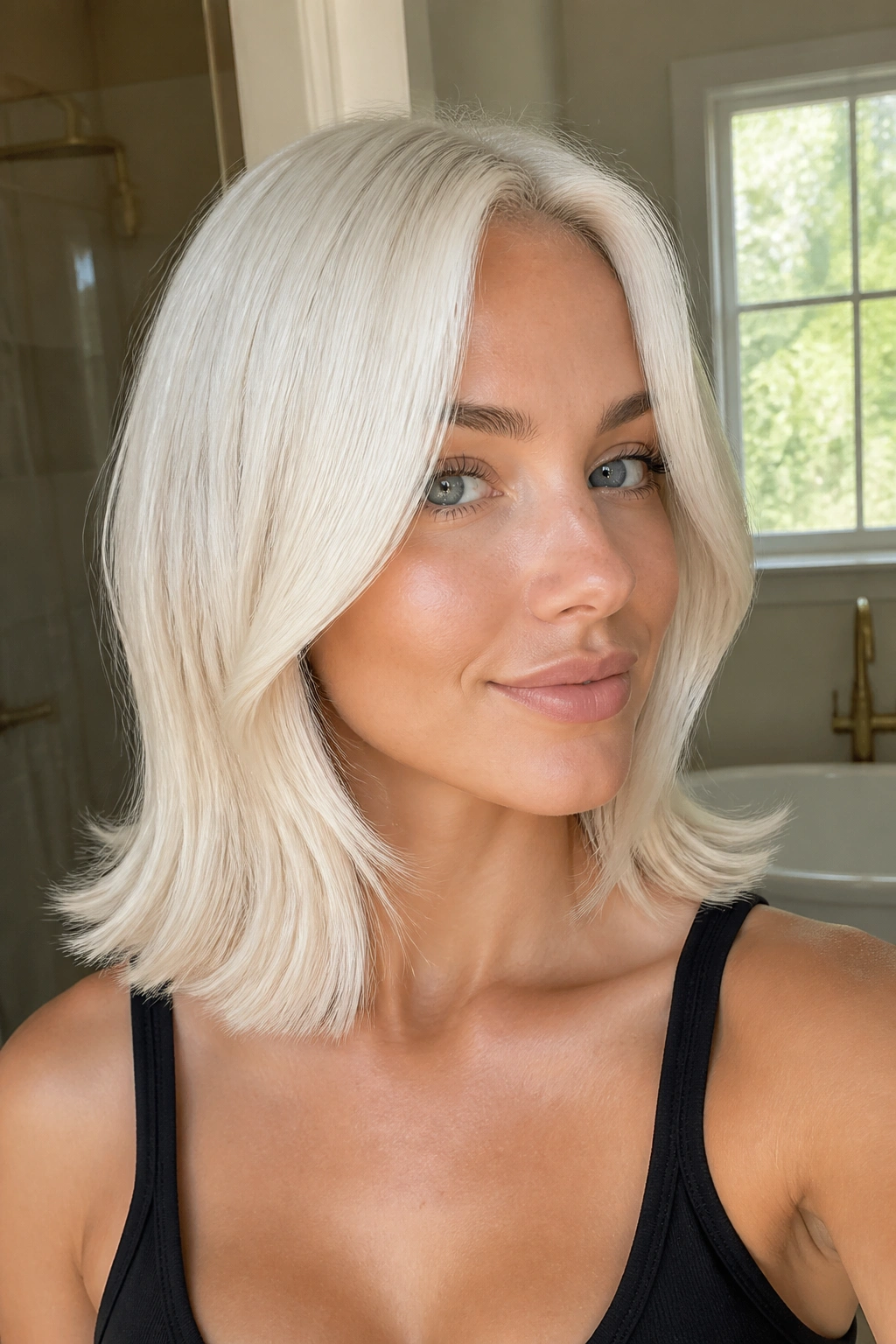 Close-up of a real woman with collarbone-length platinum hair flipped at the ends, glossy finish, natural window light
