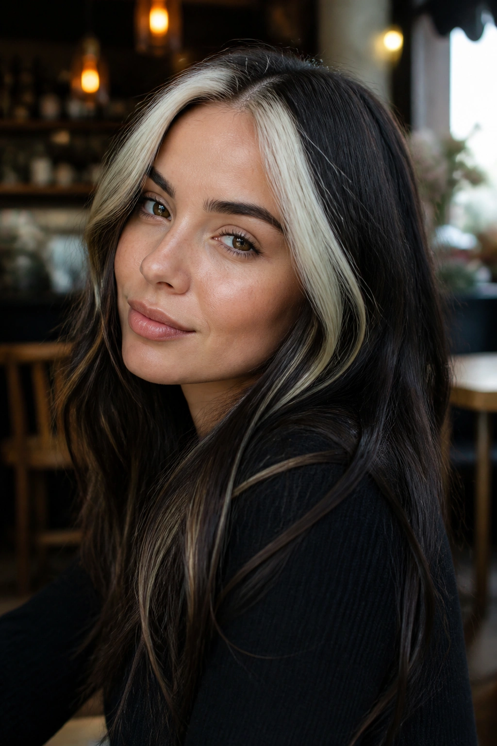 Portrait showing high-contrast platinum highlights on dark hair