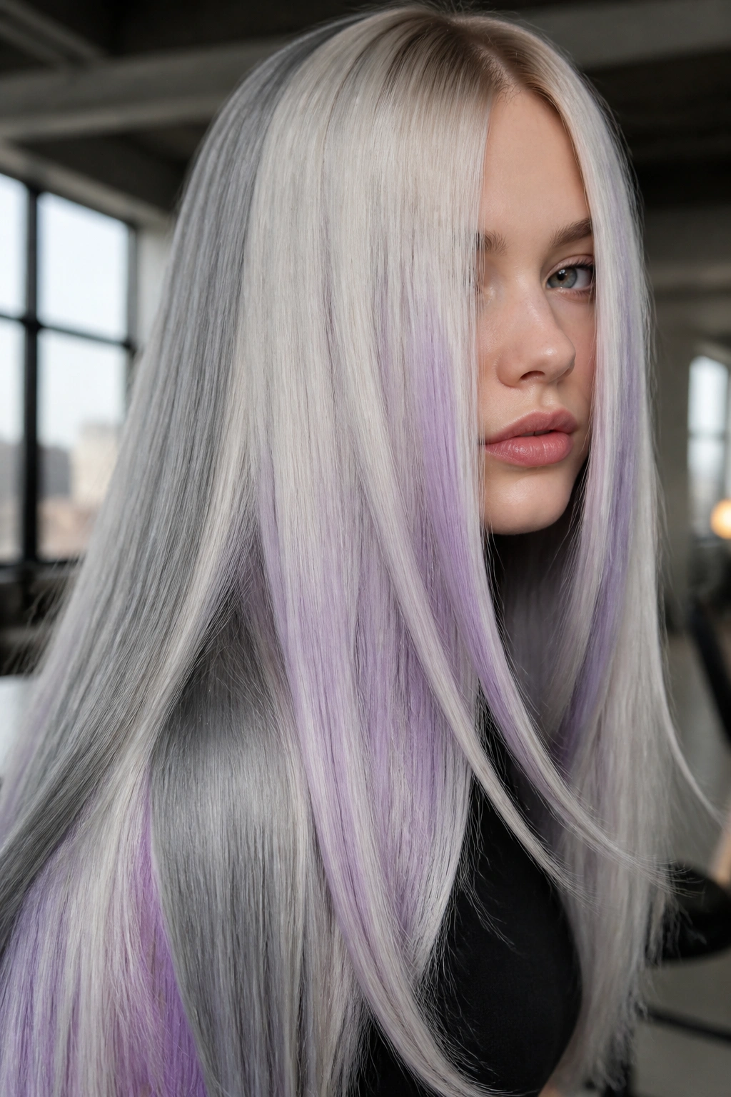 Portrait of a real woman with platinum hair with icy color blocking.