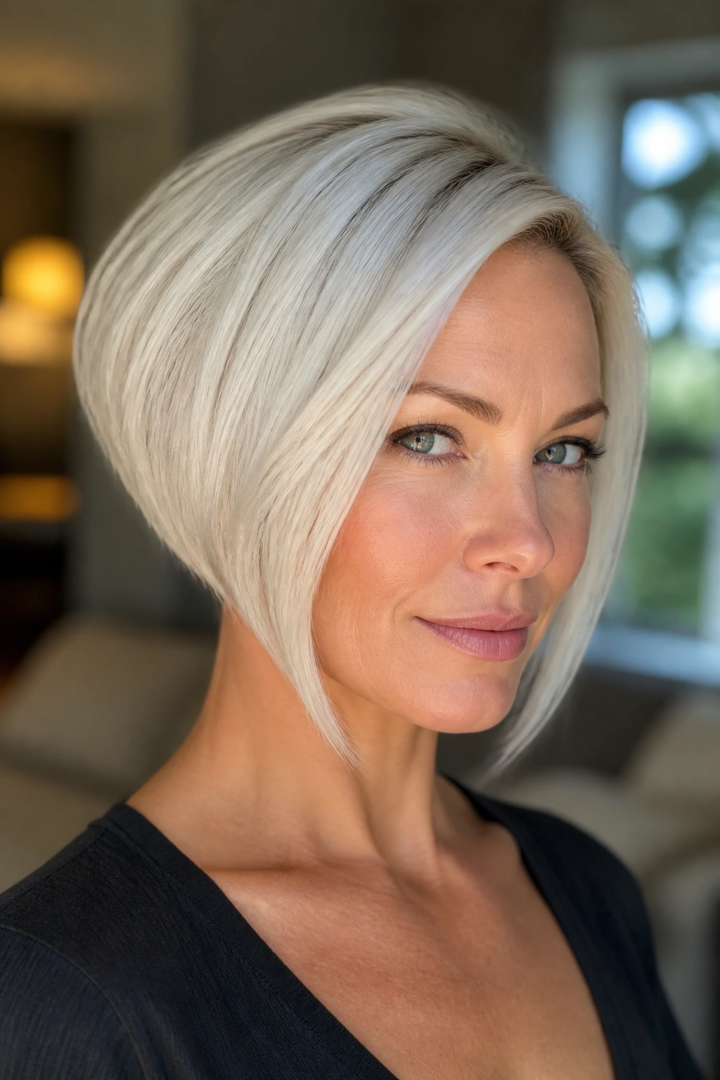 Close-up of real woman with platinum inverted bob in natural light