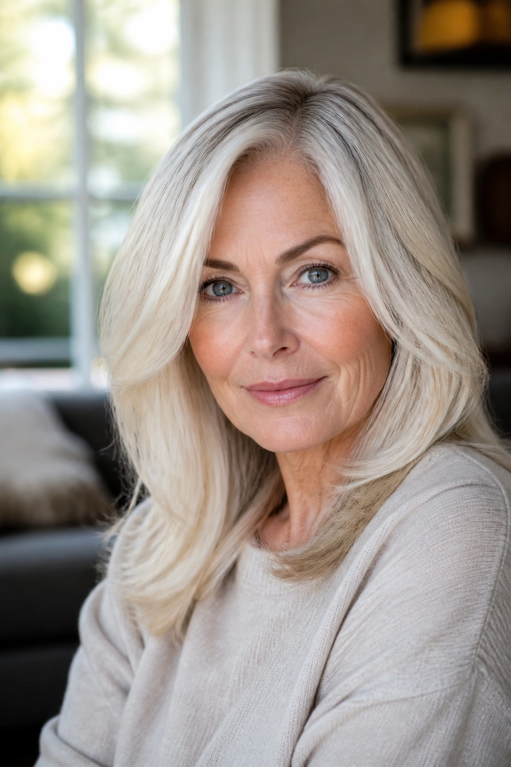 Close-up portrait of a real woman with platinum-ivory blonde hair in warm window light.