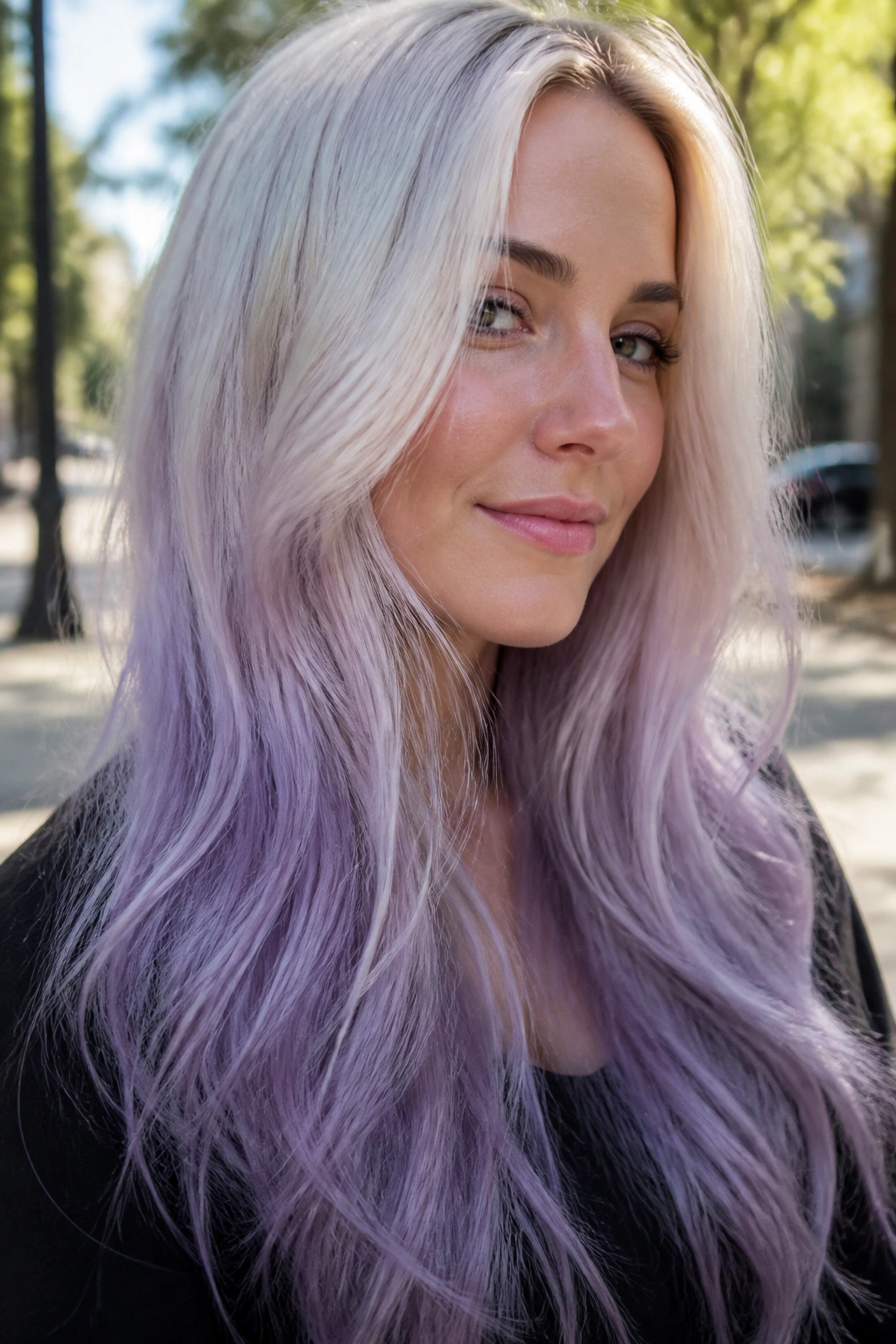 Close-up of long hair in platinum to lilac grey ombre