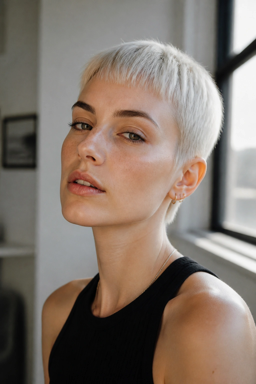 Close-up of real woman with platinum micro-bang crop