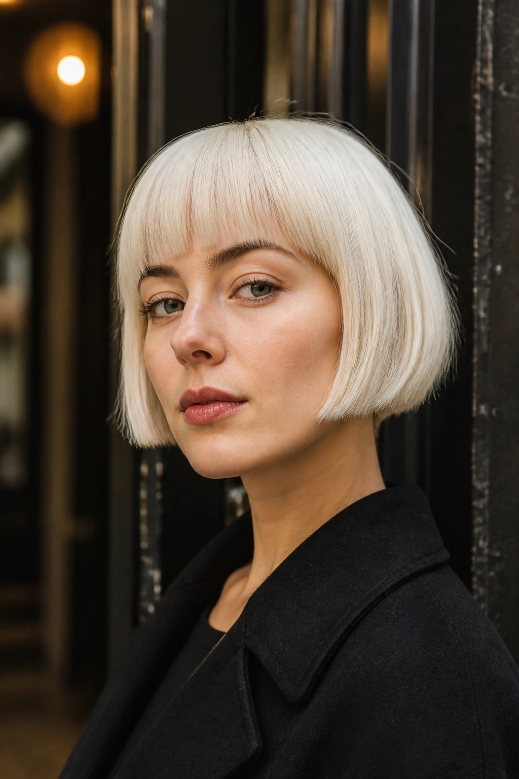 Portrait of a person with platinum micro bob and fringe, sharp lines