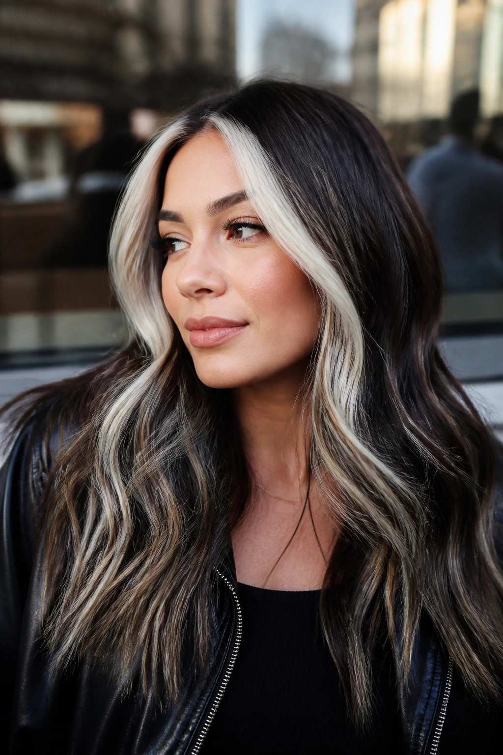 Close-up of money-piece platinum highlights on a darker hair base