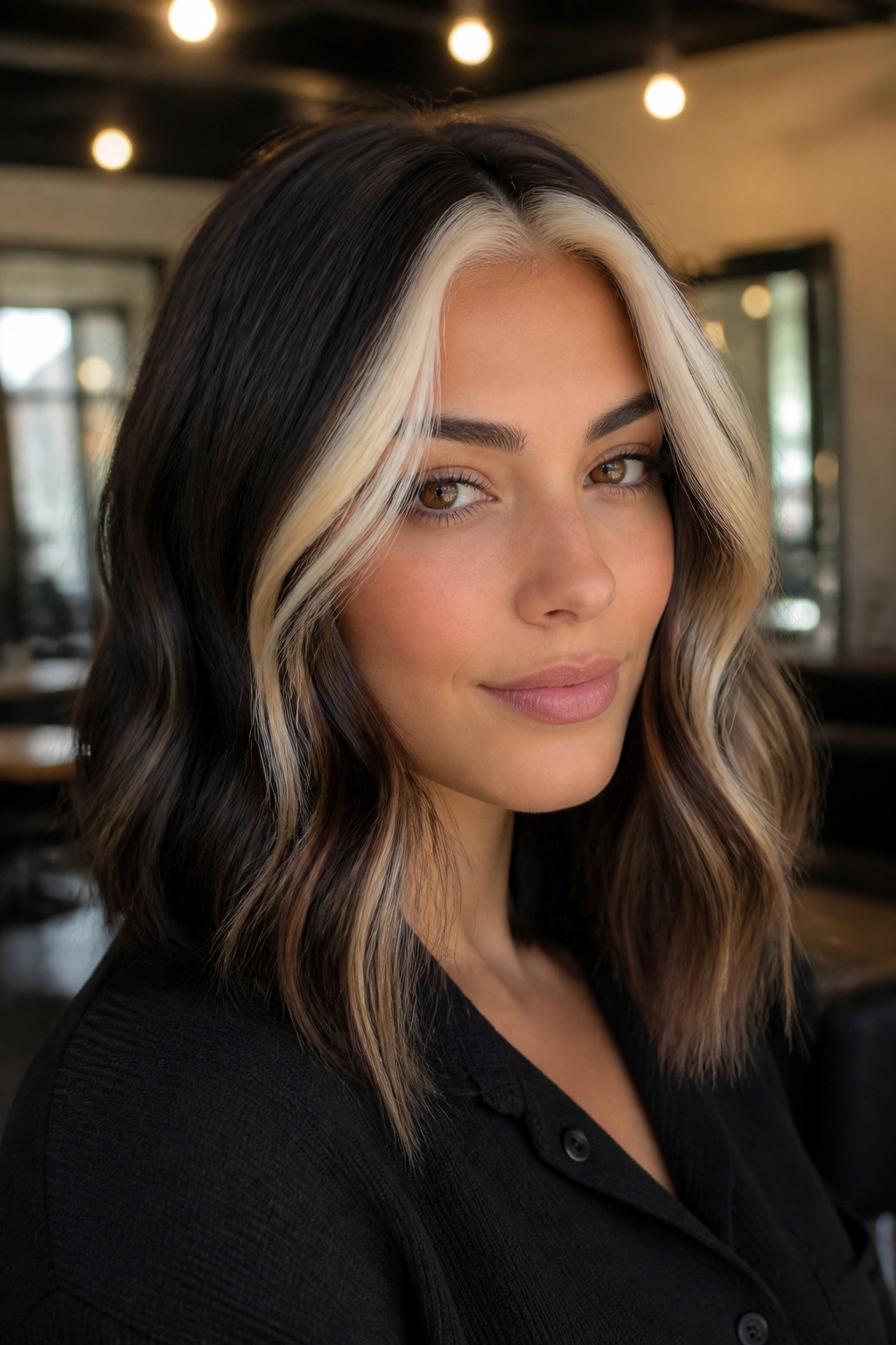 Close-up portrait of a real woman with a thick platinum money piece at the hairline on shoulder-length brown hair