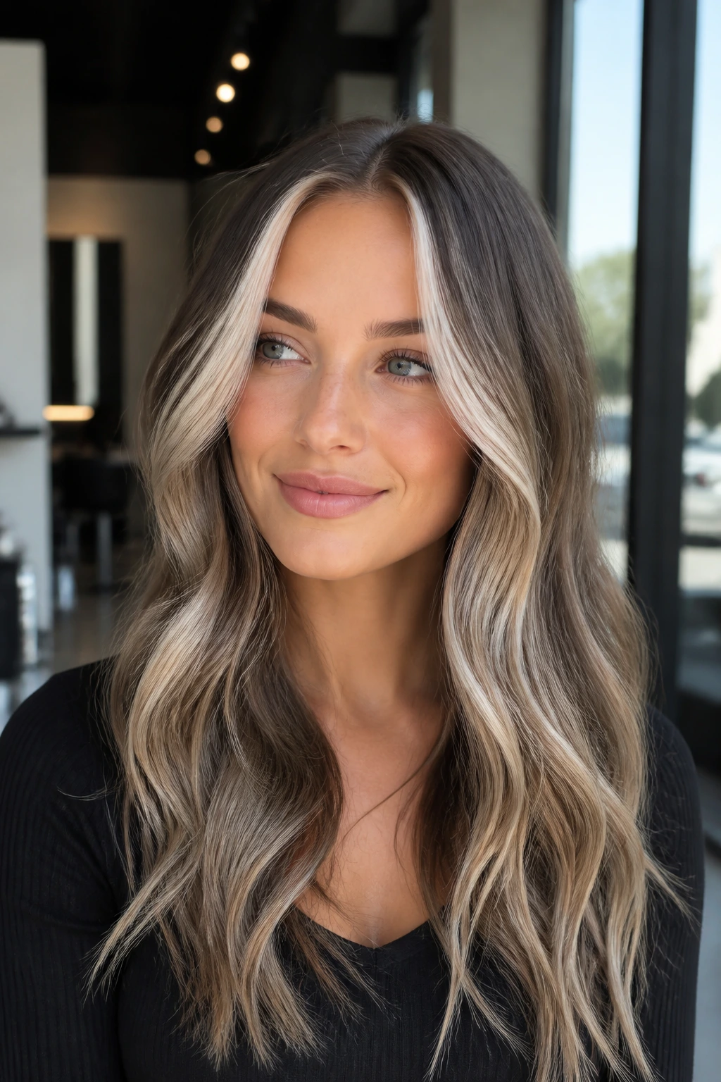 Portrait of a woman with platinum money piece framing the face in a salon setting