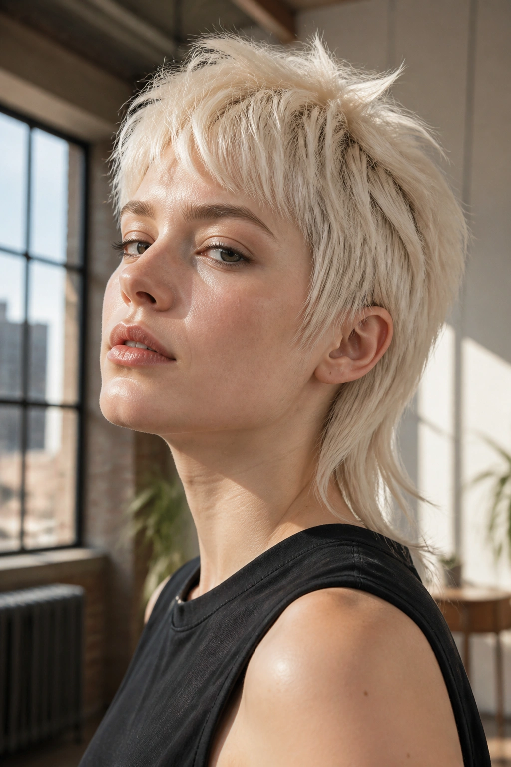 Close-up of a real person with platinum mullet lite hairstyle in urban loft