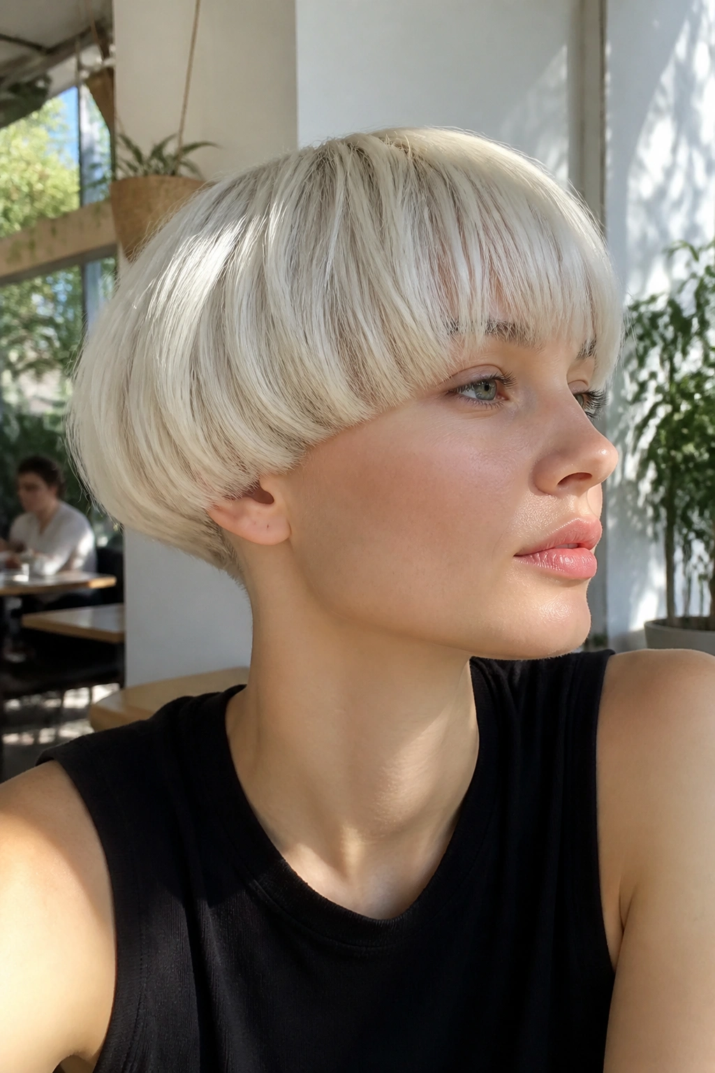 Portrait of real person with rounded mushroom platinum bob.