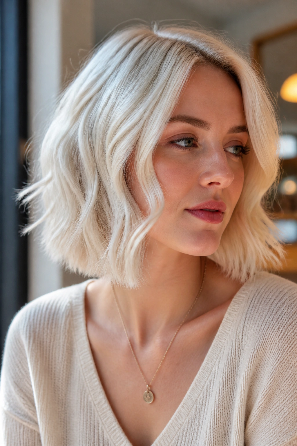 Real person with platinum neck-length lob and loose waves in natural light