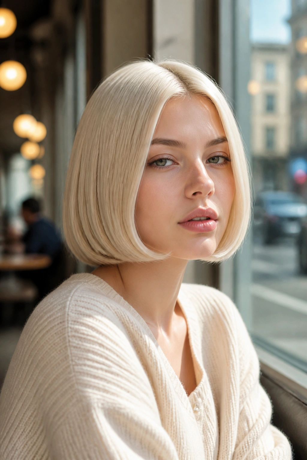 Real person with glossy platinum pageboy hairstyle in a cafe setting