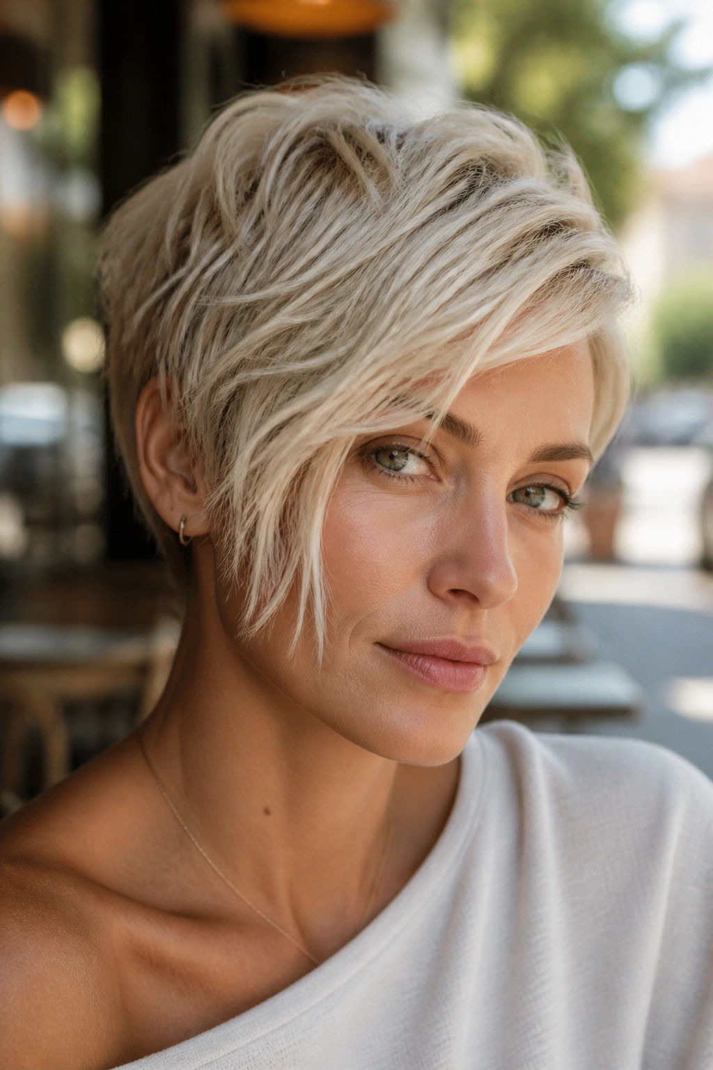 Real person with platinum piecey crop and side-swept fringe