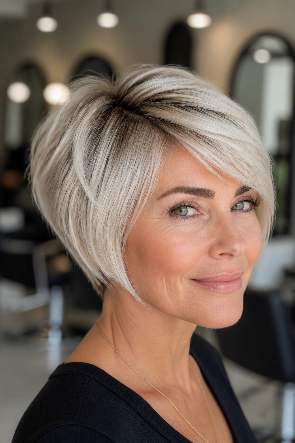 Close-up of a real woman with platinum pixie bob and high-contrast blonde tones.