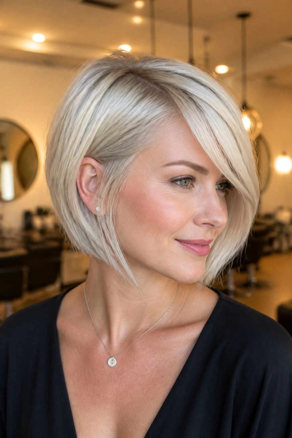 Real woman with platinum long pixie bob and glossy finish in a chic salon