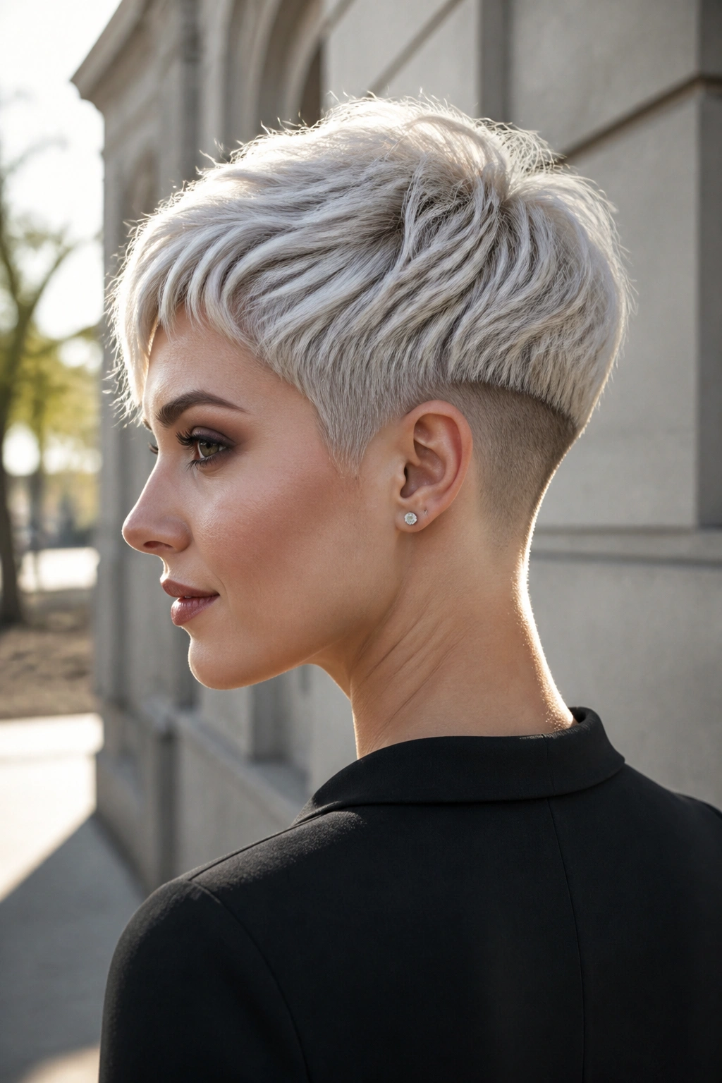 Close-up portrait of a real person with platinum pixie and buzzed nape in urban morning light