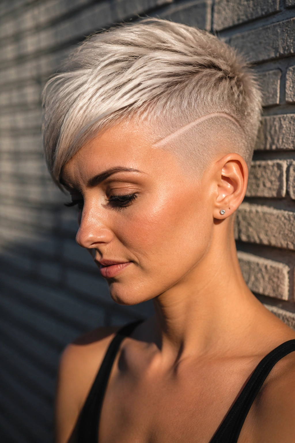 Close-up of platinum pixie with a clean buzzed side on a real person, golden hour light