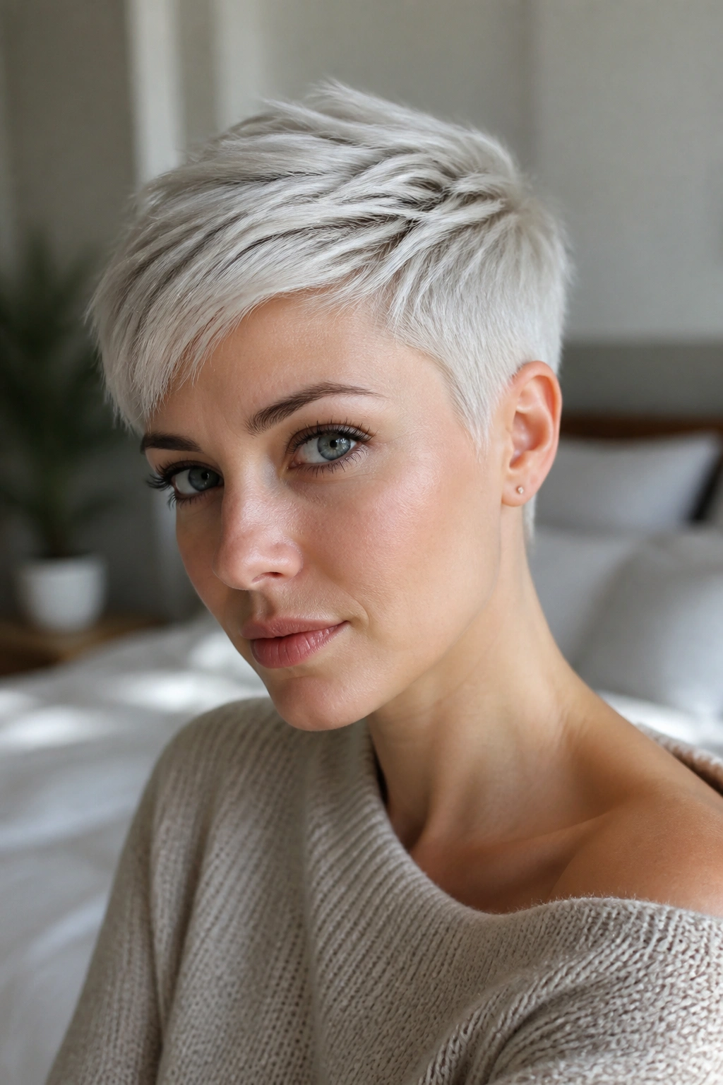 Close-up of a real woman with an icy platinum pixie crop, sharp sides and longer top.