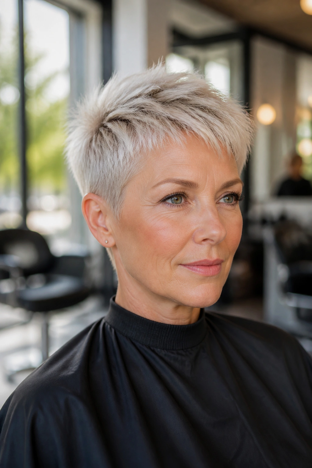 Close-up portrait of a real woman with a platinum pixie crop in a salon setting