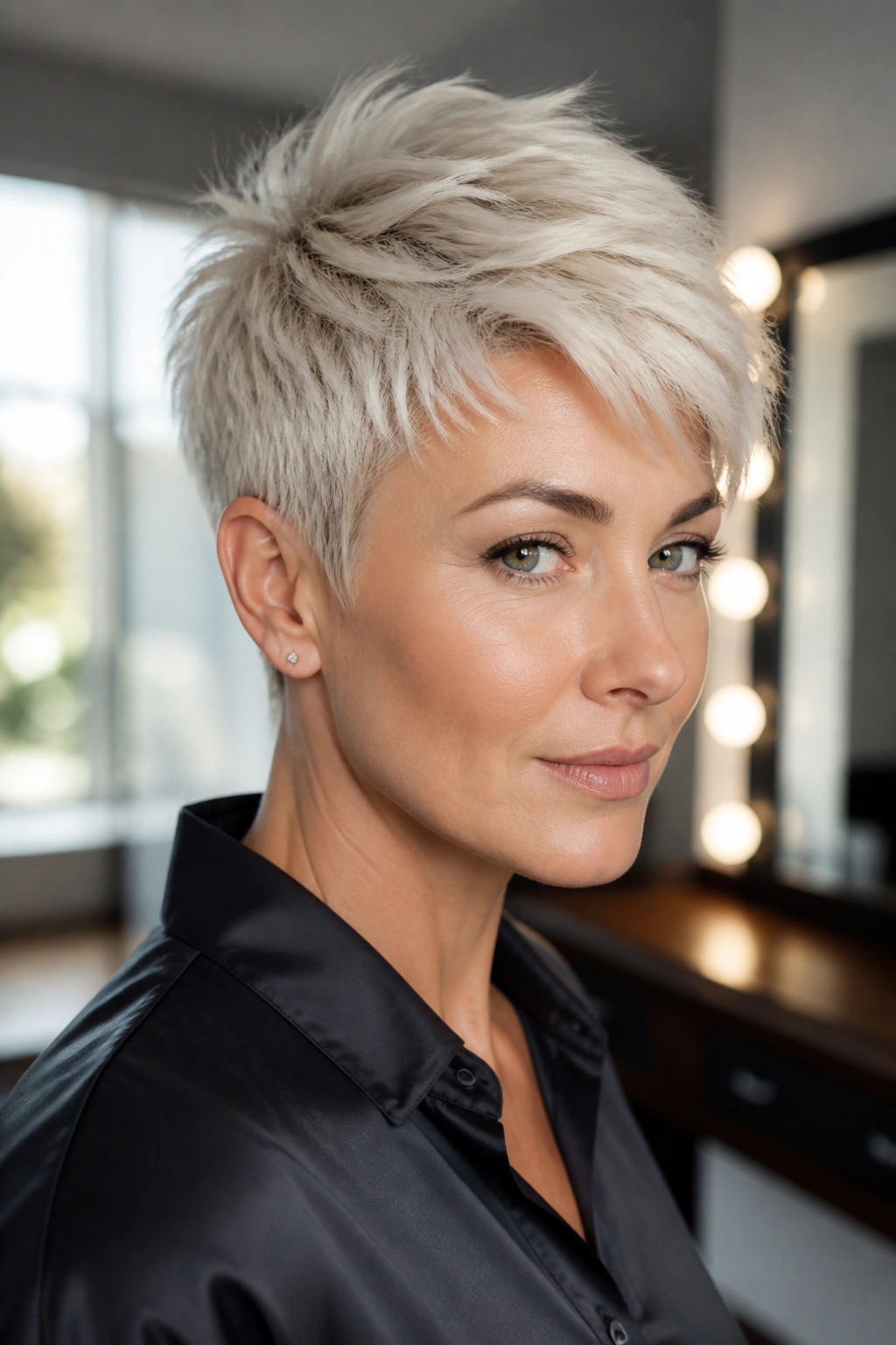 Close-up of real woman with platinum feathered pixie and long top