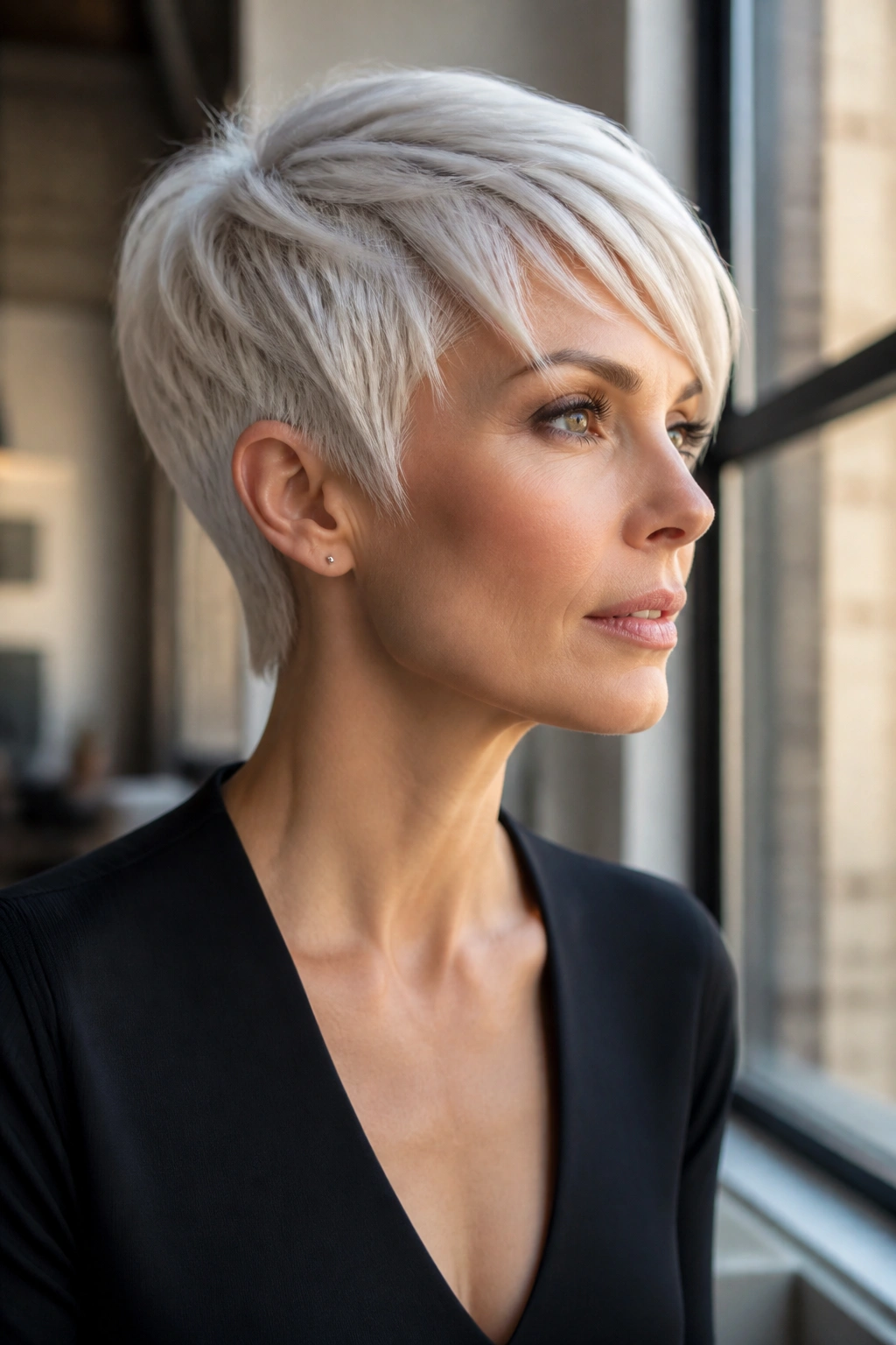 Close-up portrait of a real woman with platinum long pixie and sharp finish, cool-toned color