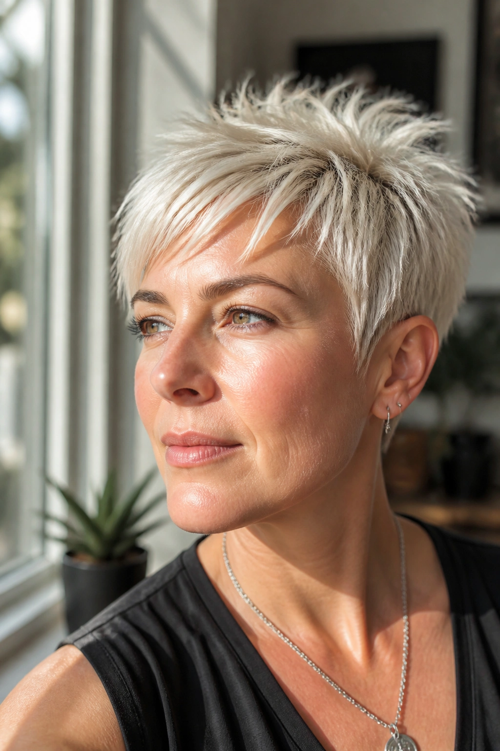 Close-up of a real woman with piecey platinum pixie and disconnected top pieces.