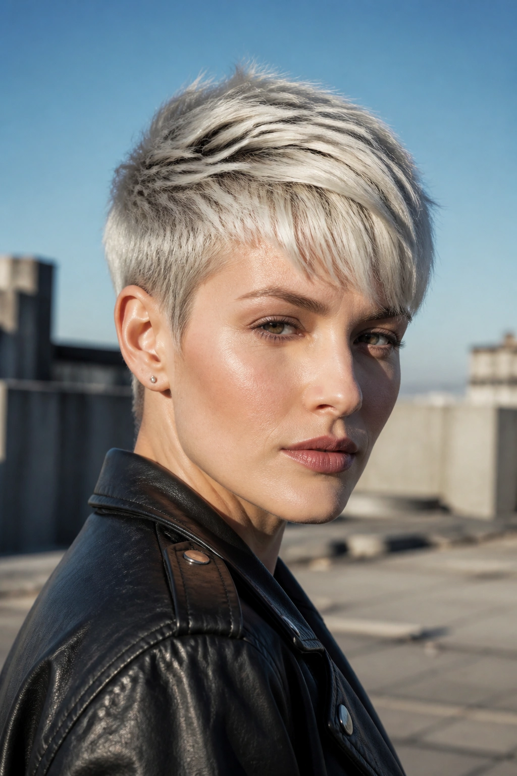 Real woman with platinum ice pixie and root shadow in cool rooftop light.