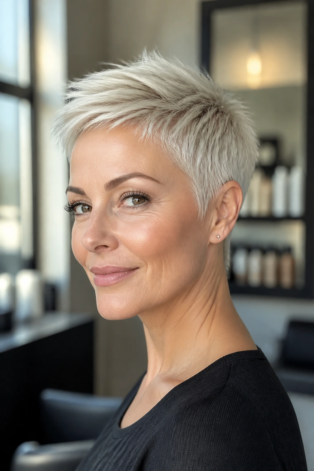 Close-up portrait of a real woman with a platinum pixie in a softly lit salon setting