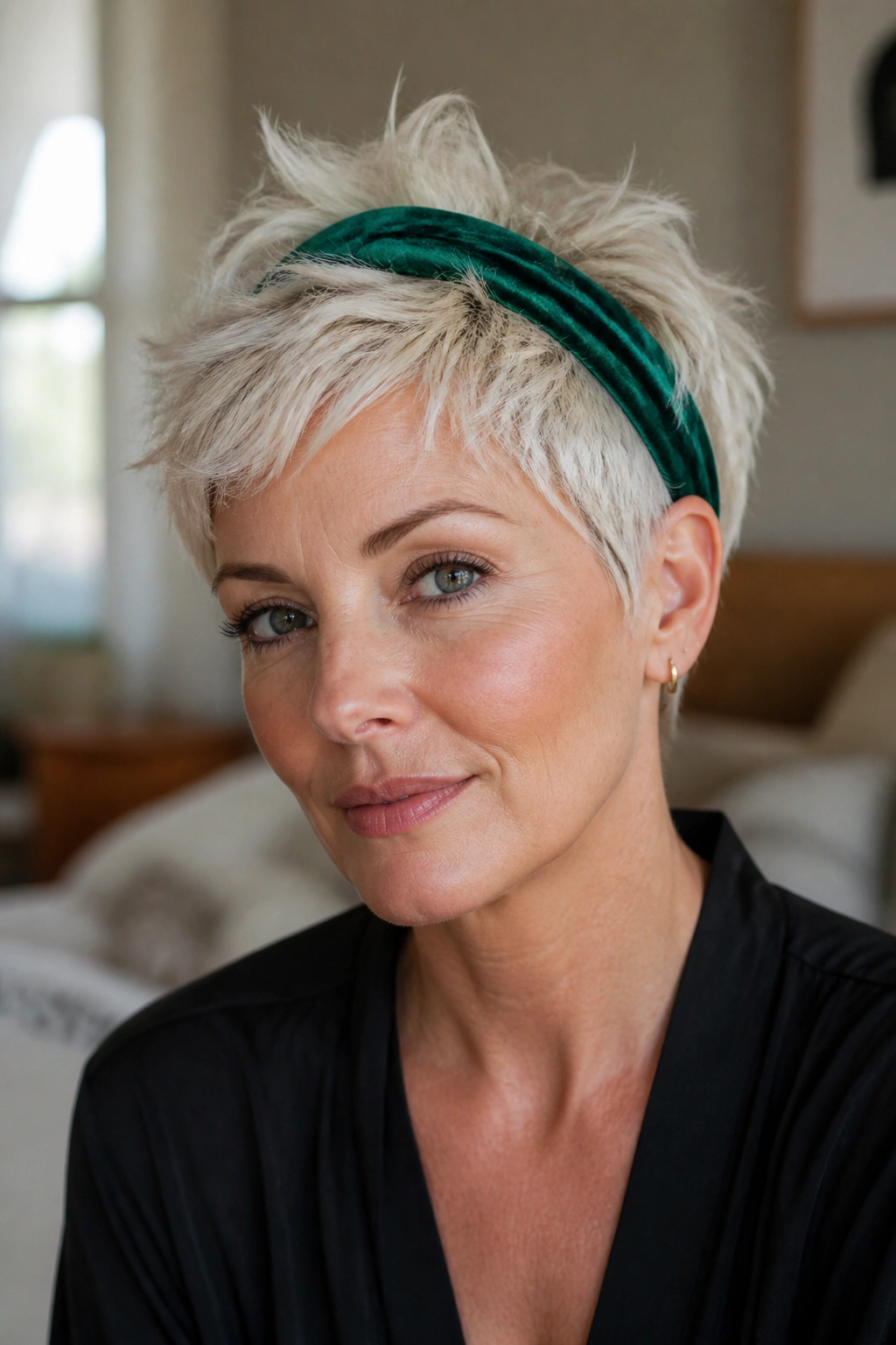 Close-up portrait of a real woman with a platinum pixie and emerald jewel-tone headband.