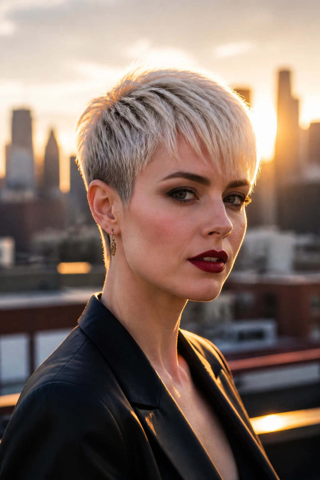 Portrait of a real woman with Platinum Pixie With High Contrast Color showing sharp nape and pale color